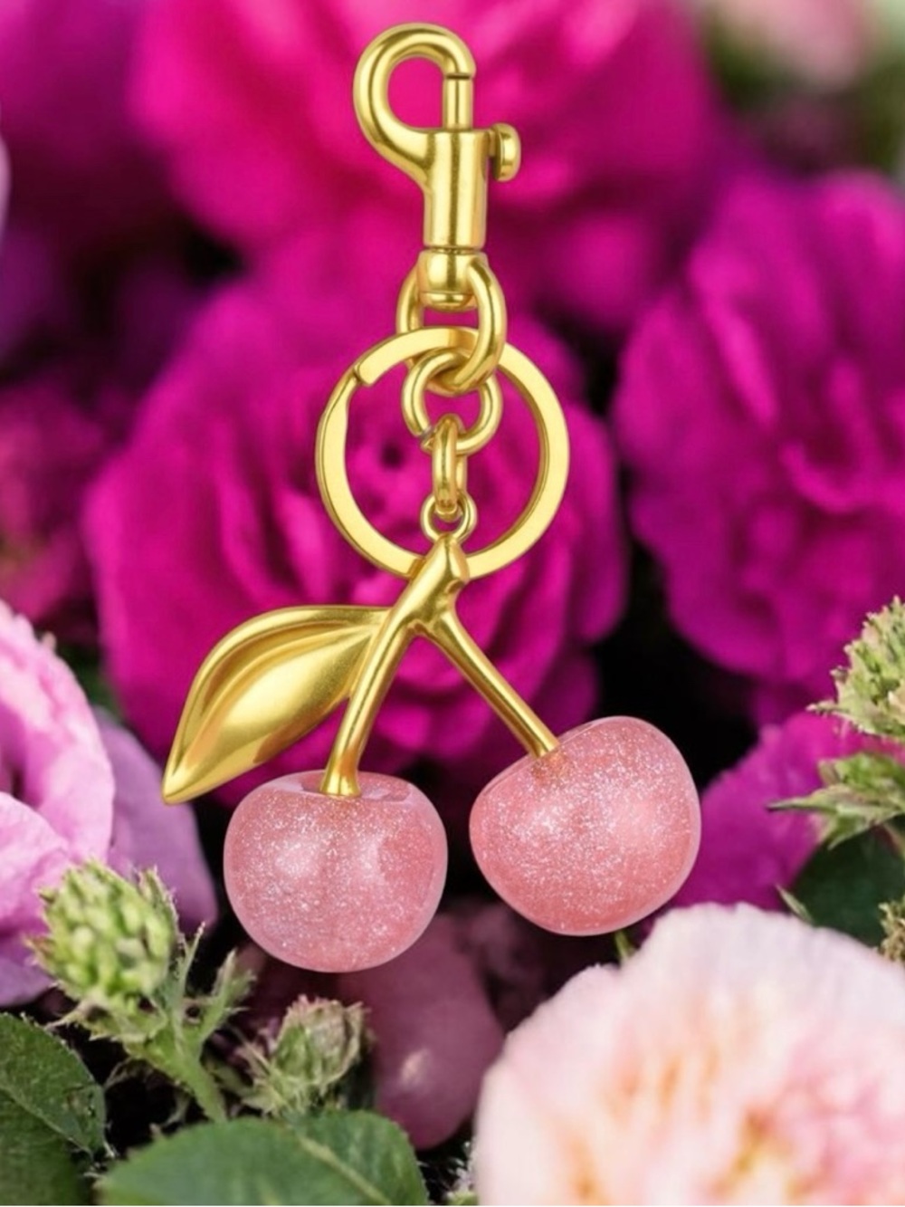 cherry pink glitter bag, charm keychain  NEW